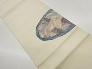 手織り紬楕円に葉模様織出し洒落袋帯